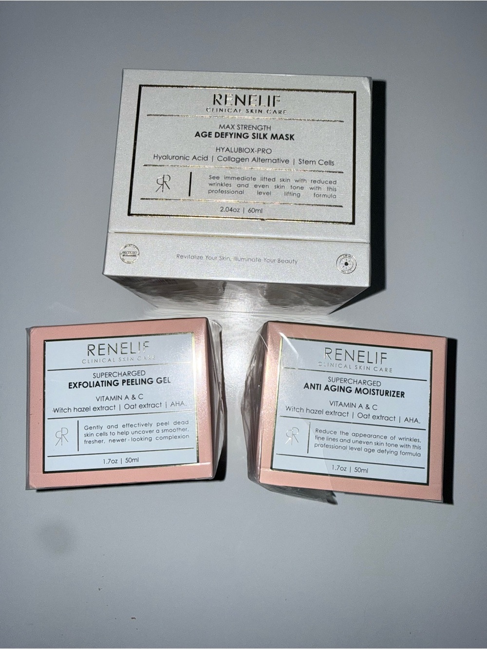 RENELIF Age Defying Silk Mask & Skincare Anti Aging Moisturizer Peeling Gel NEW